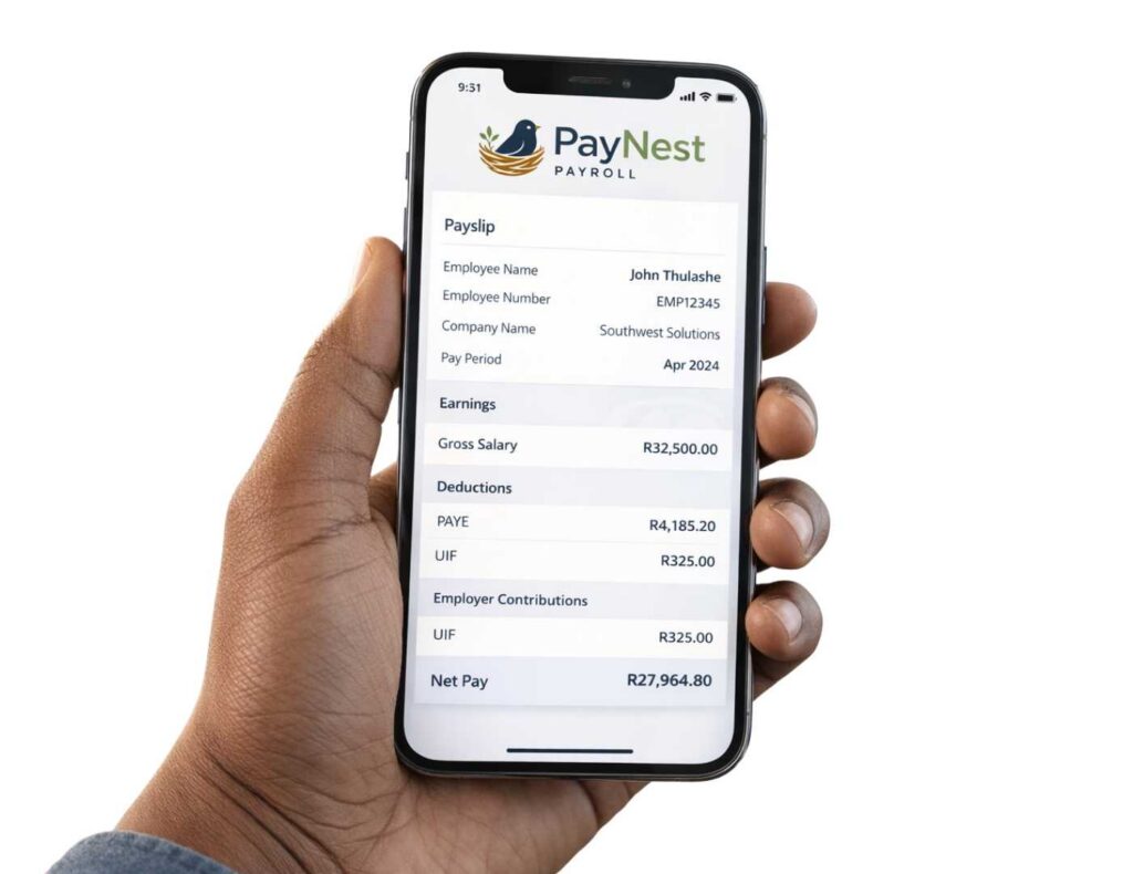 Hand holding a smartphone showing a PayNest payslip