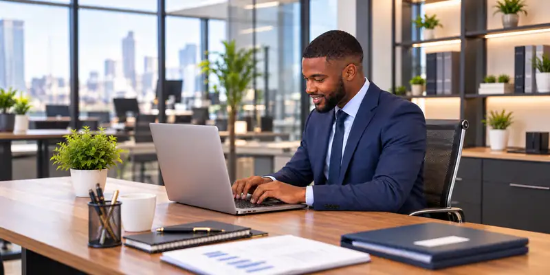 Accountant in a navy suit working on a laptop in a modern office