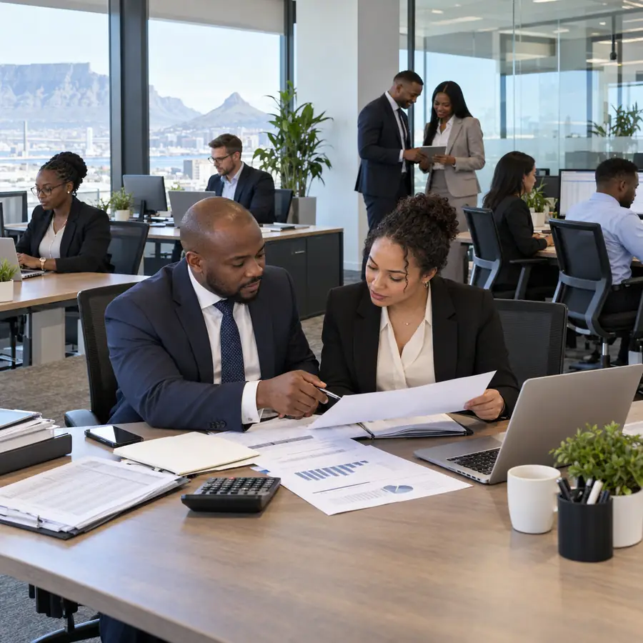 Accountants reviewing payroll reports together at a desk in a Cape Town office