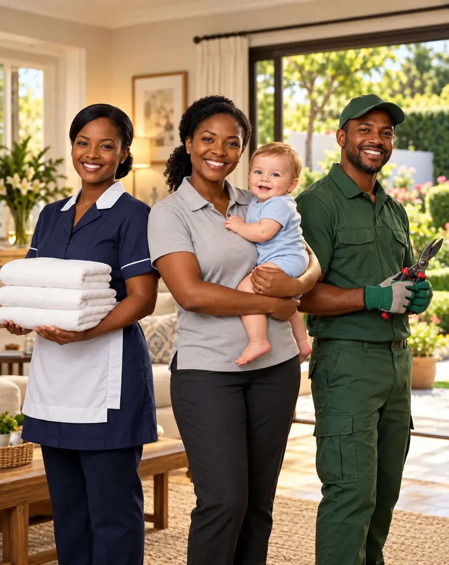 Smiling housekeeper holding towels, nanny carrying a baby and gardener holding pruning shears in a bright family home