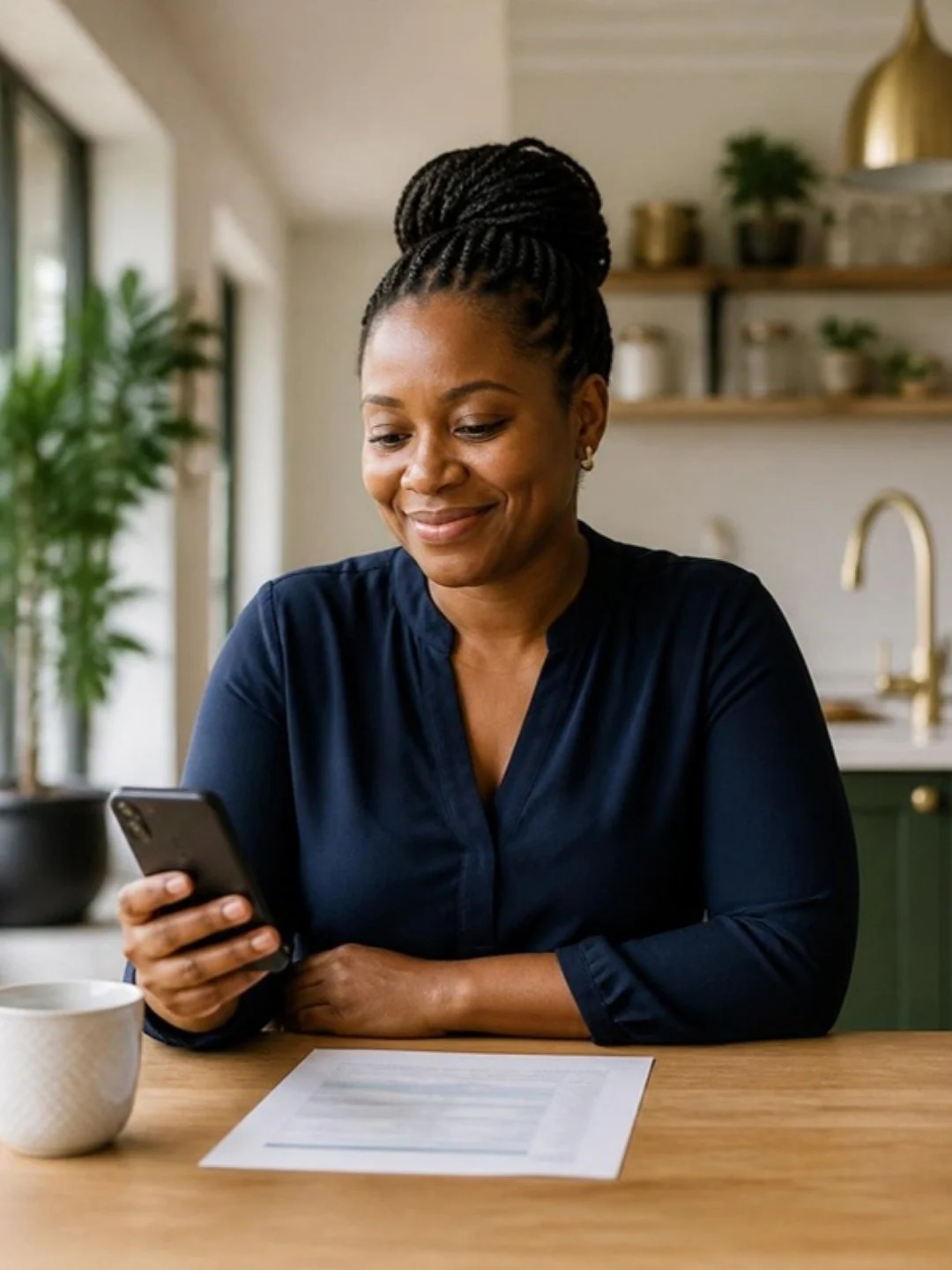 Homeowner smiling as she reads clear payroll answers on her phone at her kitchen counter
