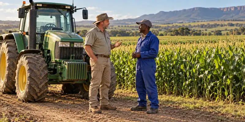 Farmer and farm worker talking beside a tractor next to a maize field