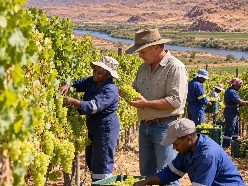 Farmer checking grapes with farm workers harvesting into crates in a vineyard beside a river