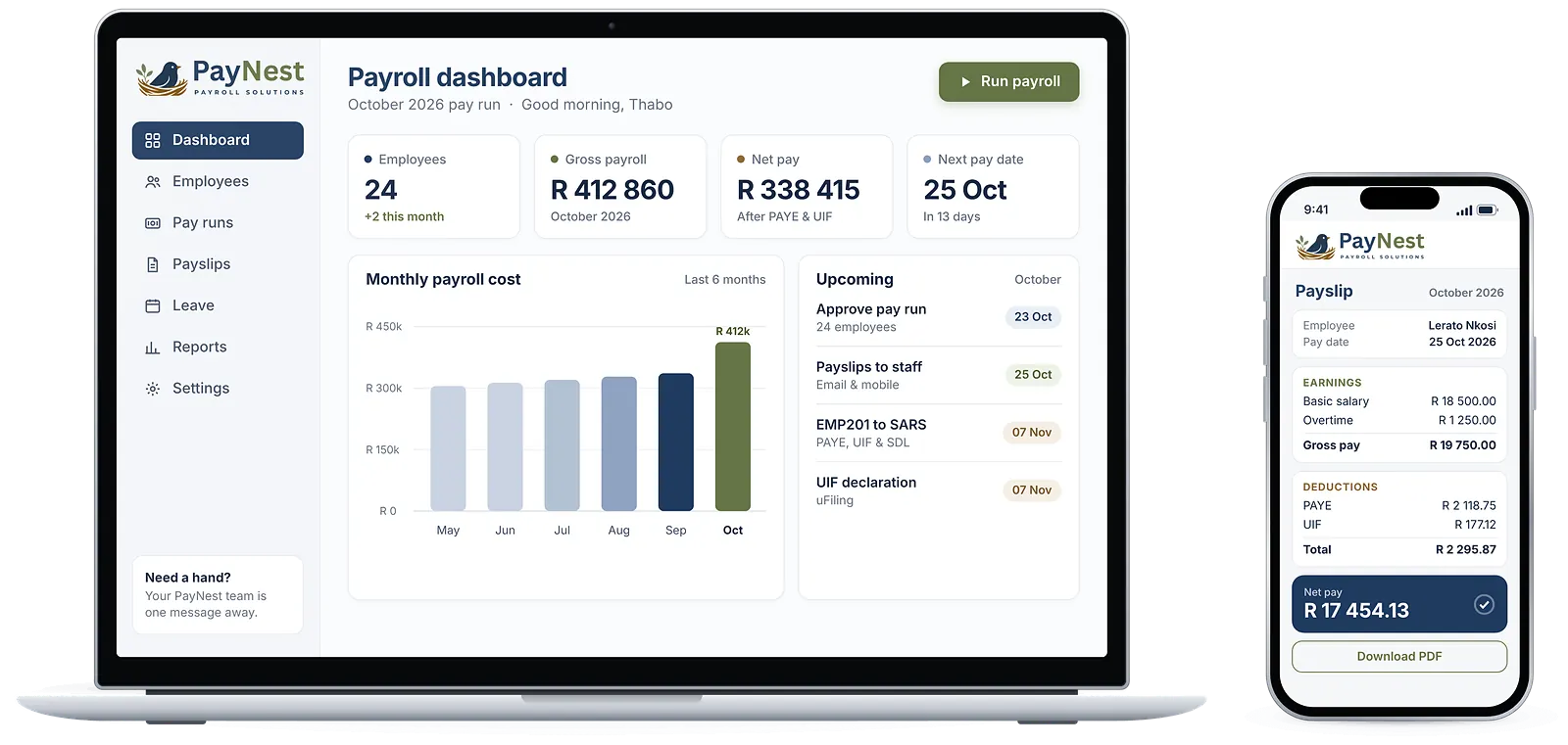PayNest payroll dashboard on a laptop next to a phone showing an employee payslip