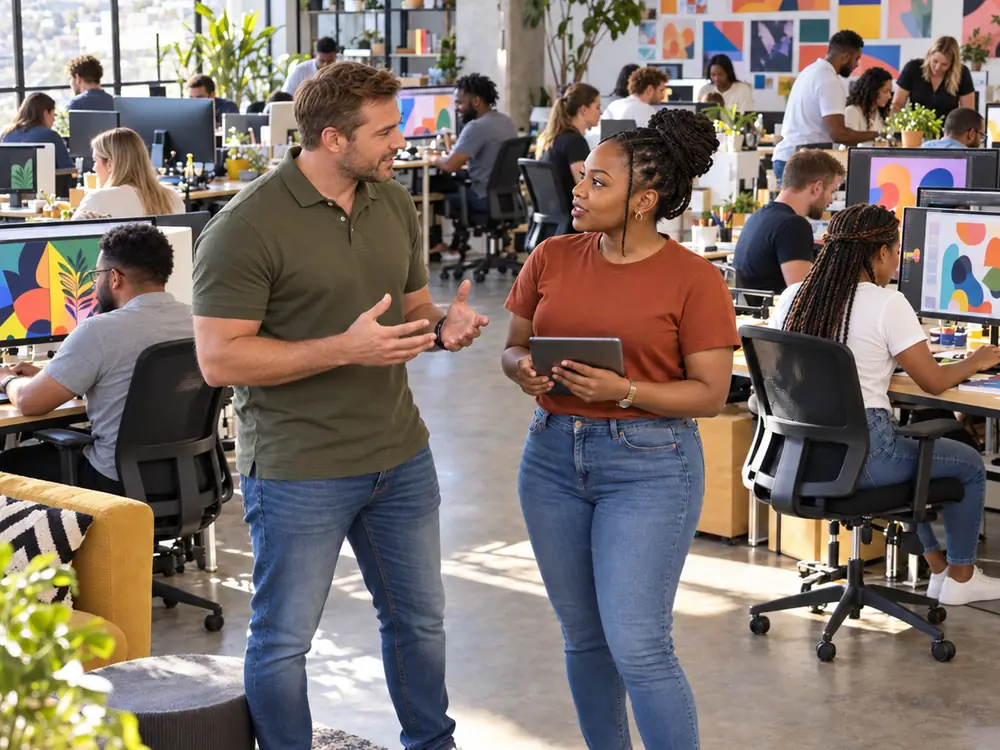 Business owner and team member discussing work in a busy open-plan office