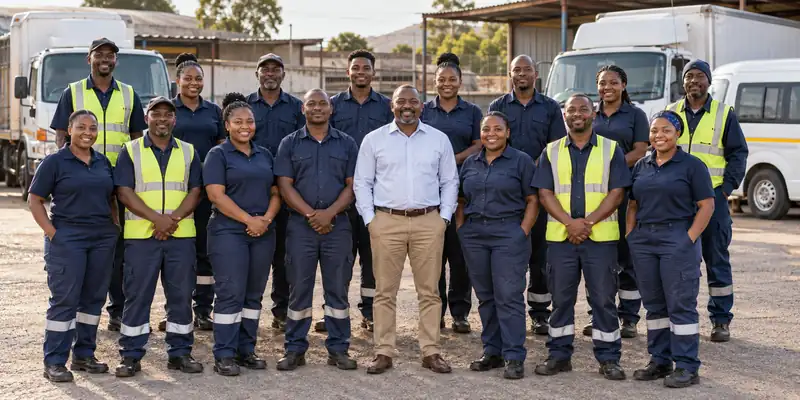 Team of uniformed employees with their manager standing in front of delivery trucks at a business yard